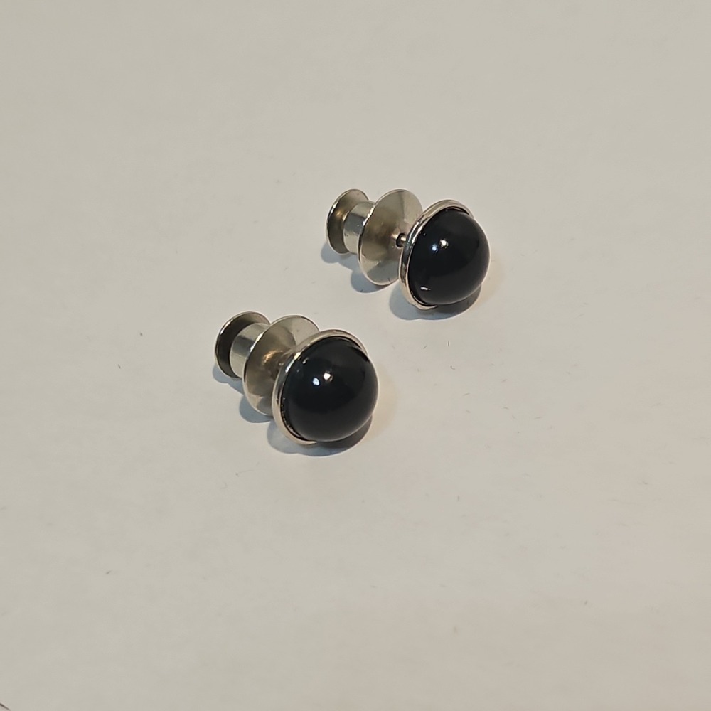 Black Onyx Rhinestone Vintage 1980 Tie Tack Lapel Pin Brooch Silver Tone Studs